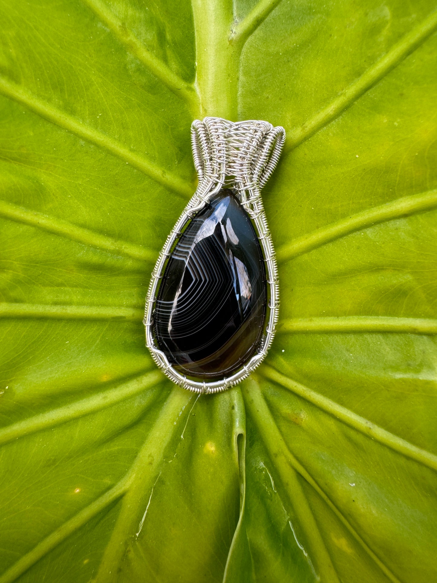 Banded Black Agate Wrapped in Sterling Silver